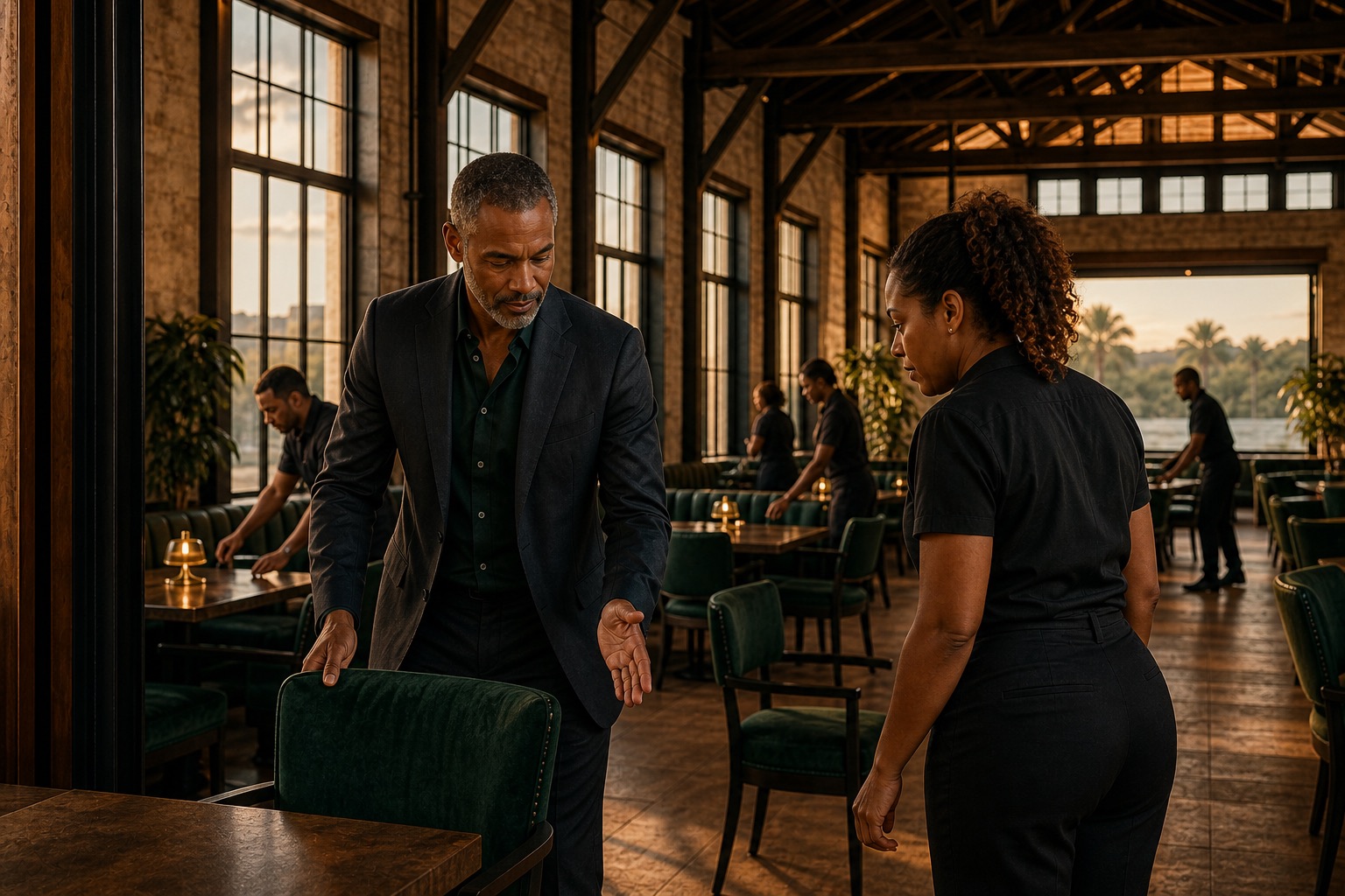 Fictional Marcus Reed and a colleague prepare the restored exchange dining room before service