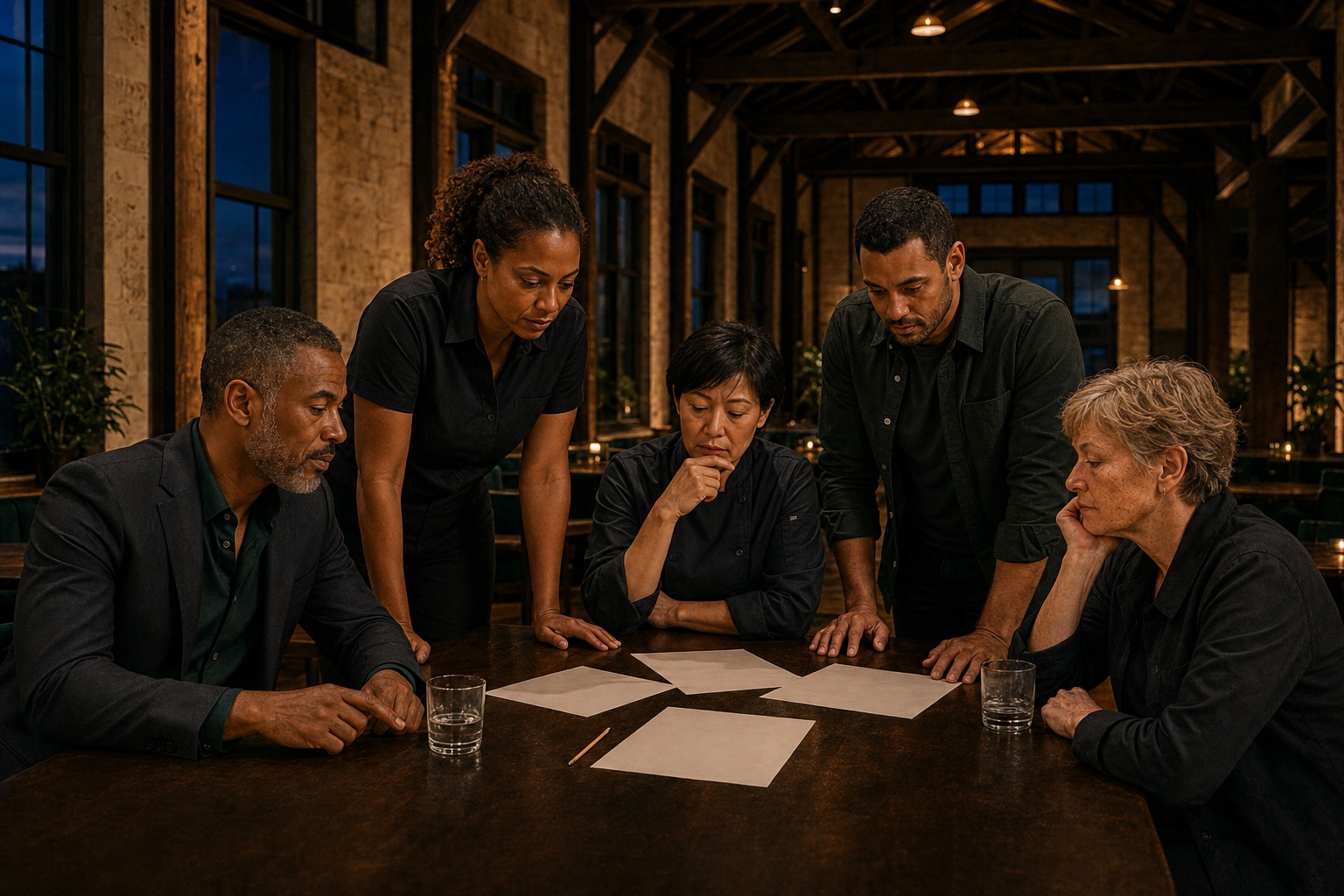 Fictional Marcus Reed and four colleagues study blank planning papers around a table after service