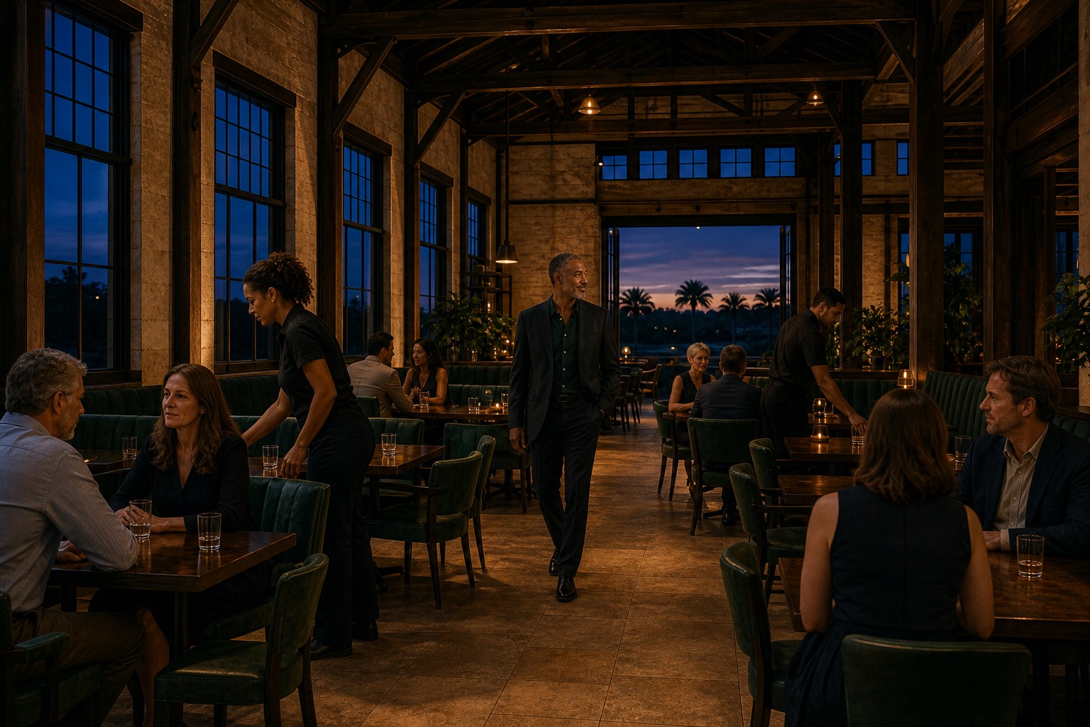 Fictional Marcus Reed moves through the restored dining room as the staff welcomes an evening