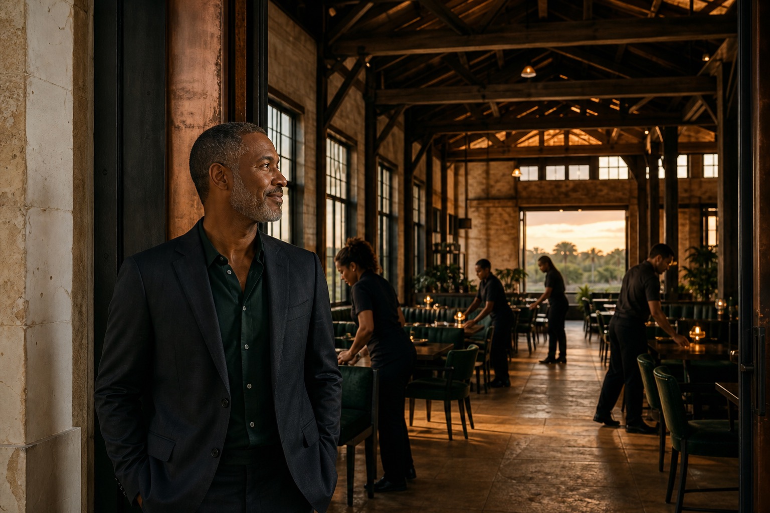 Fictional longtime steward Marcus Reed stands at the limestone threshold of a timber-framed dining room