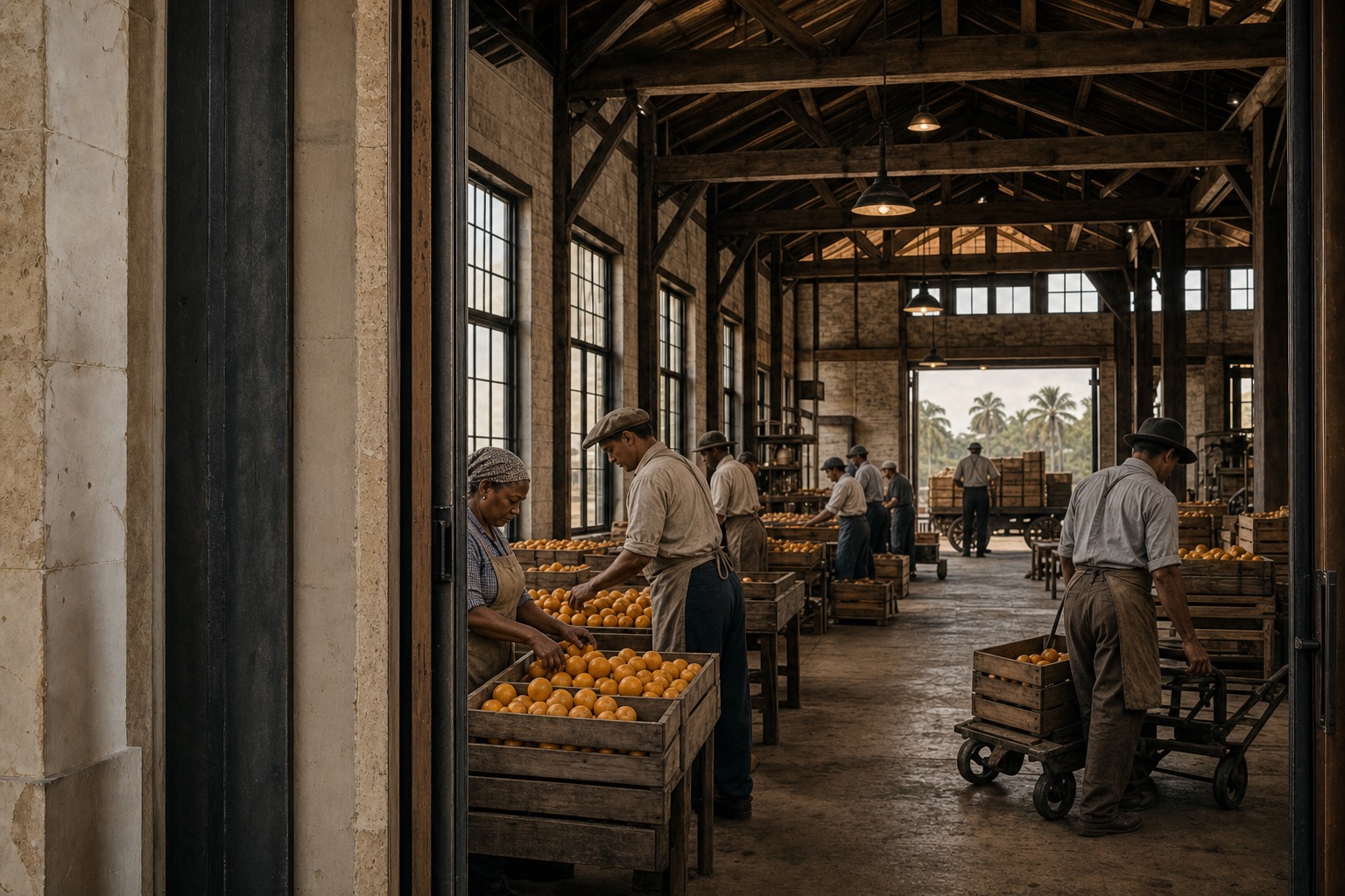 Interpretive reconstruction of workers sorting citrus in a fictional 1934 limestone exchange