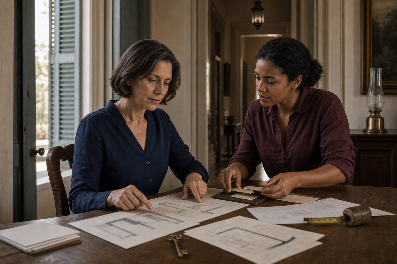 Fictional Clara and Naomi review blank planning papers together in the house