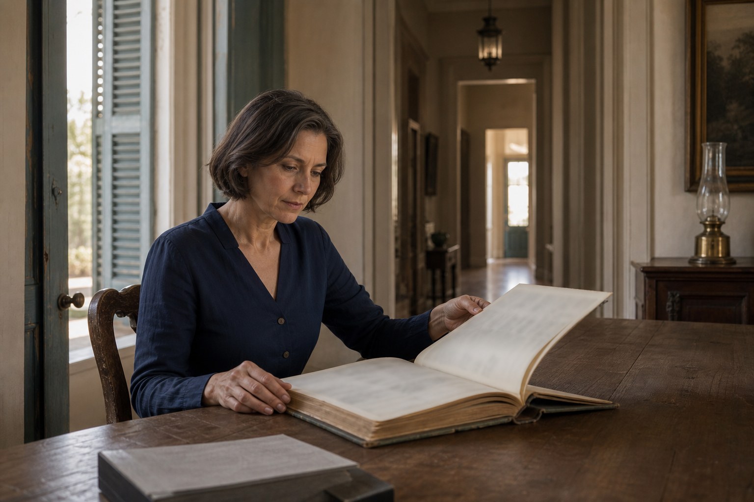 Fictional Clara studies an old register whose writing is intentionally unreadable in a quiet room