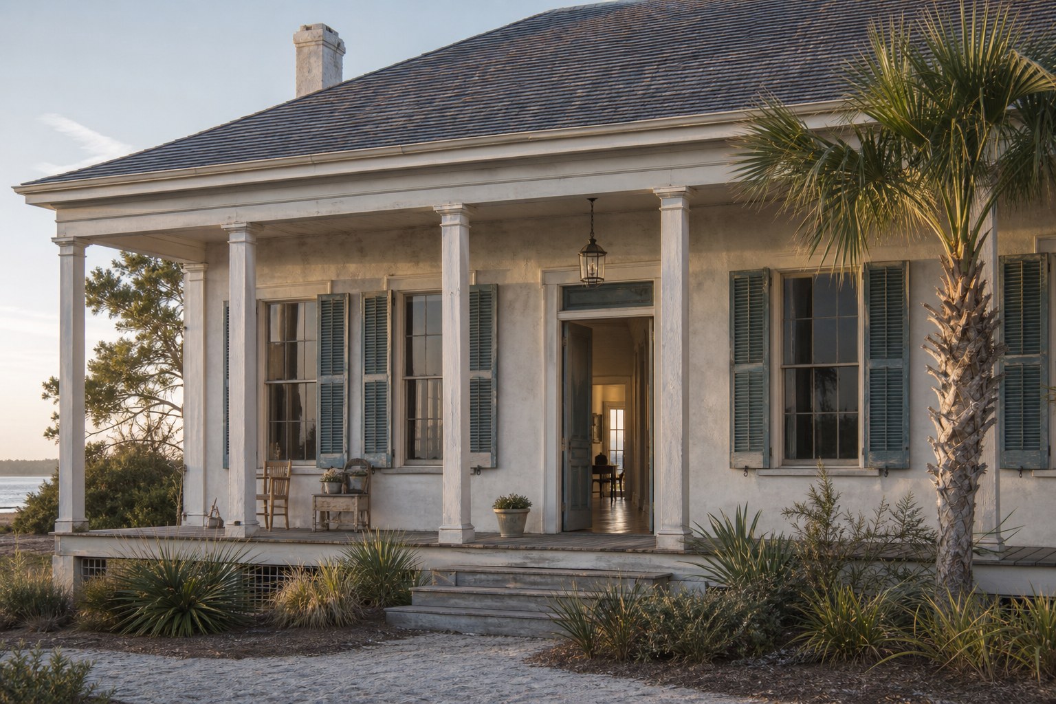 A fictional nineteenth-century coastal house with a deep porch and an open front door at first light