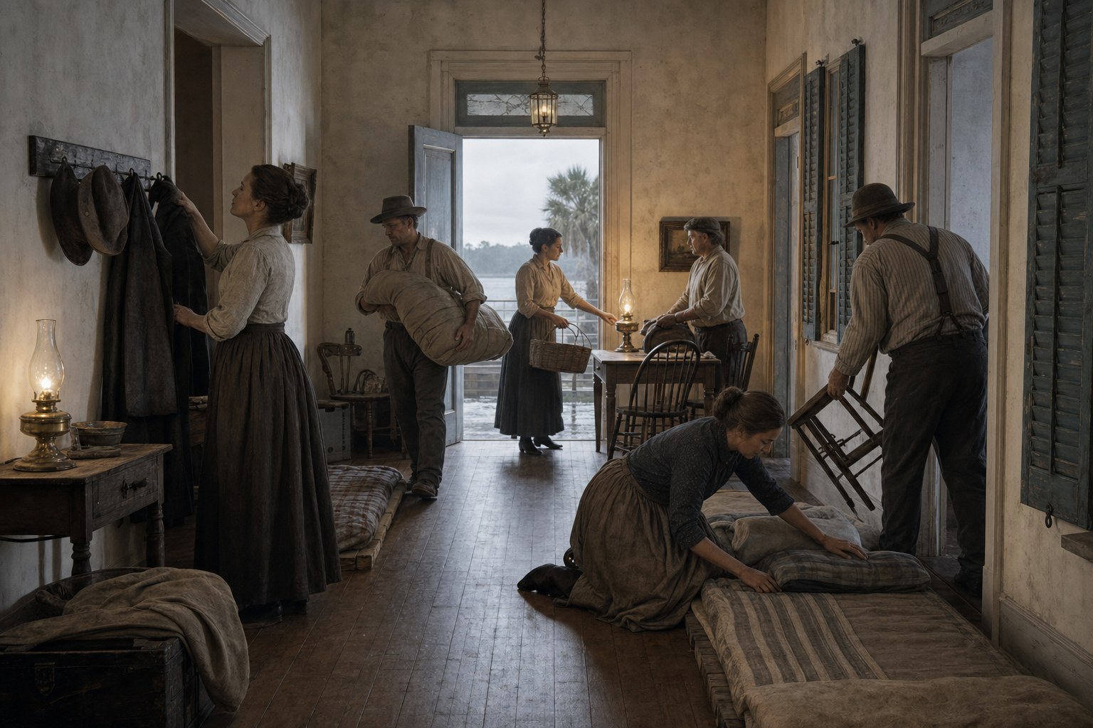 Interpretive reconstruction of neighbors arranging dry bedding and belongings inside the fictional house after an early 1890s storm