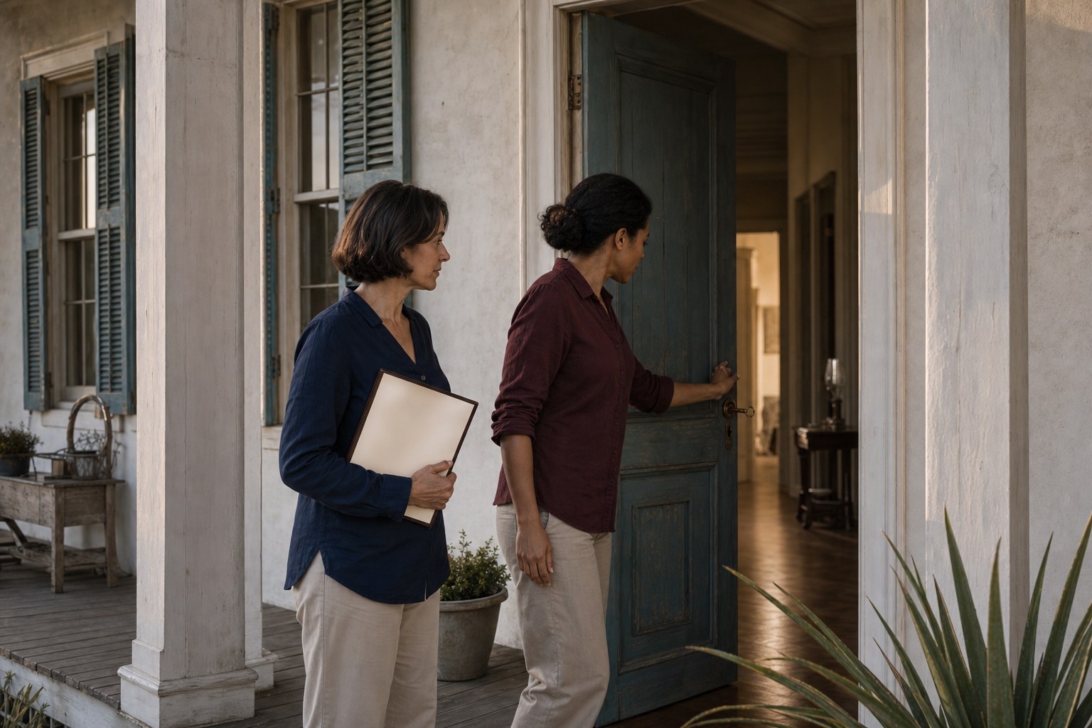 Fictional Clara holds an unreadable deed while Naomi opens the old front door with the original key still in its lock