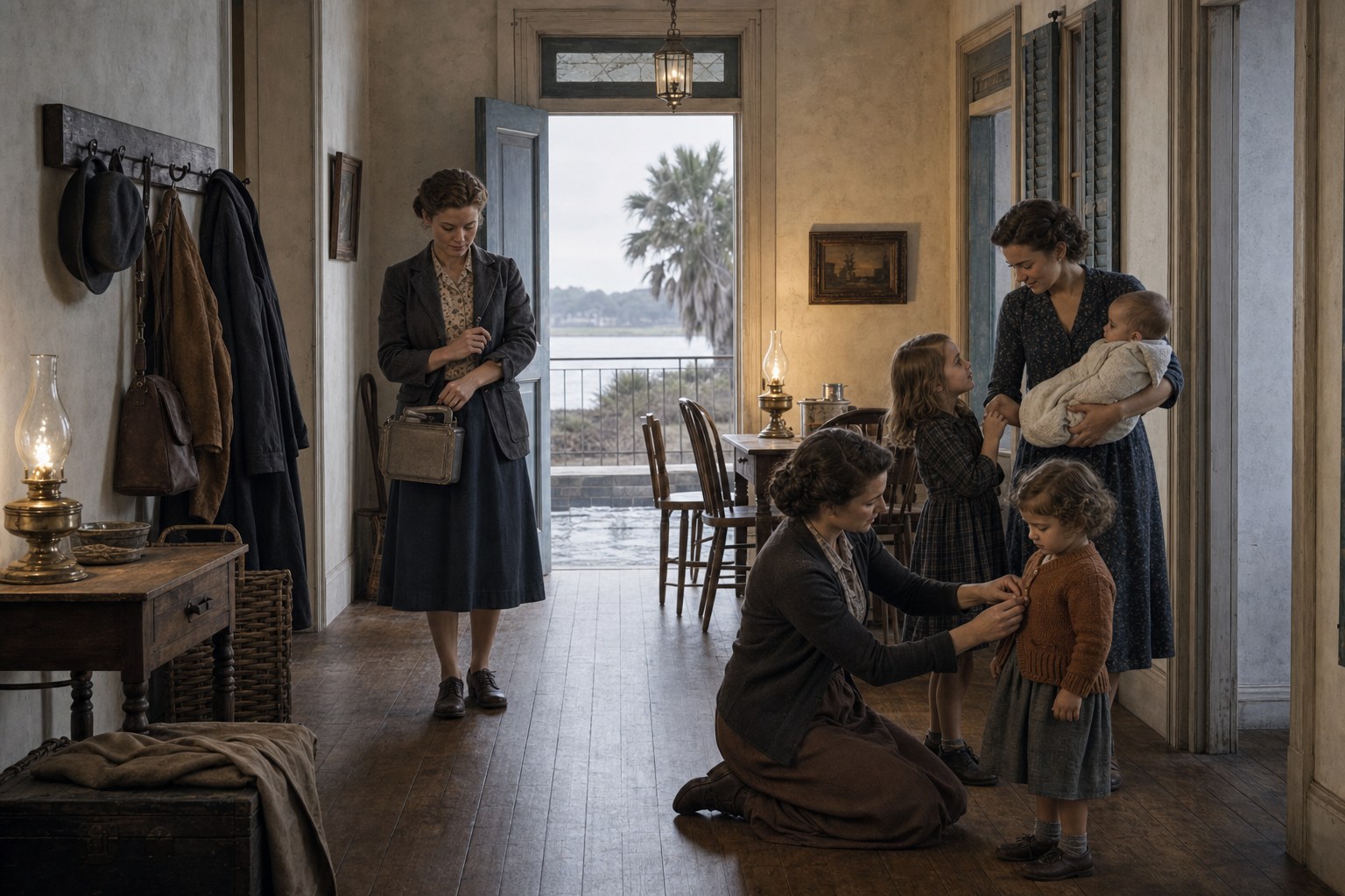 Interpretive reconstruction of women sharing childcare and preparing for work inside the fictional house in 1945